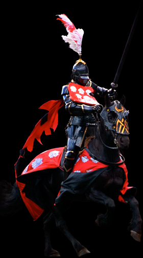 Late-medieval jousting knight on black stallion